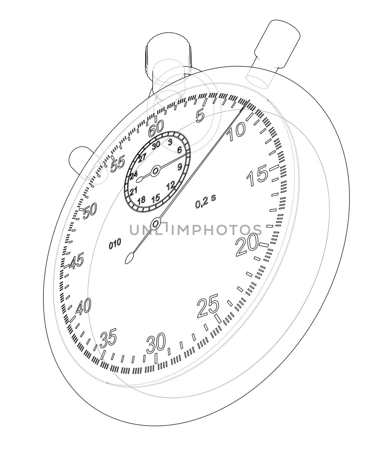 Stopwatch or timer sketch. 3d illustration. Wire-frame style