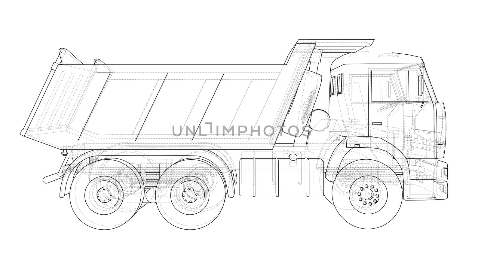 Dump truck. 3d illustration. Wire-frame style. White background