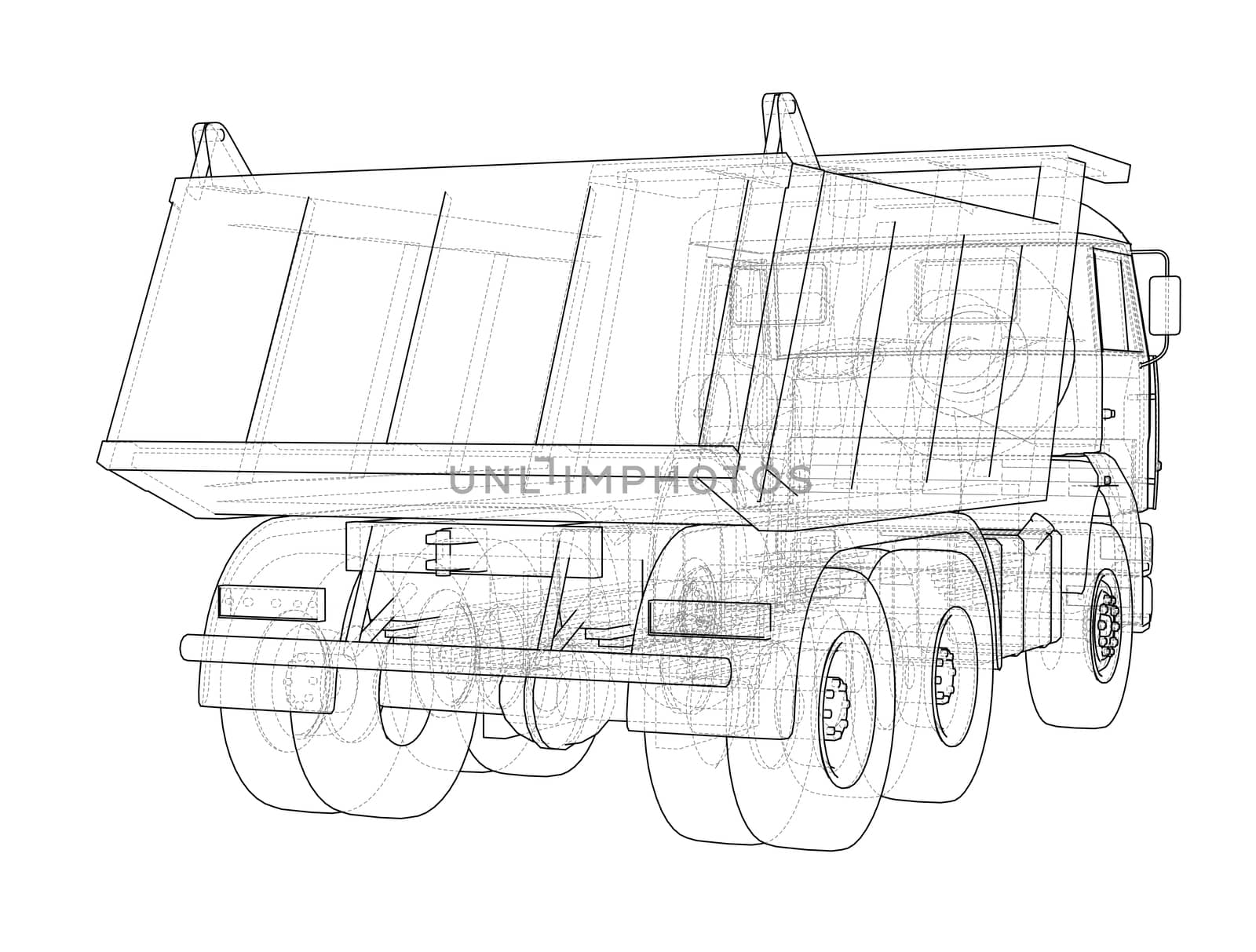 Dump truck. 3d illustration. Wire-frame style. White background