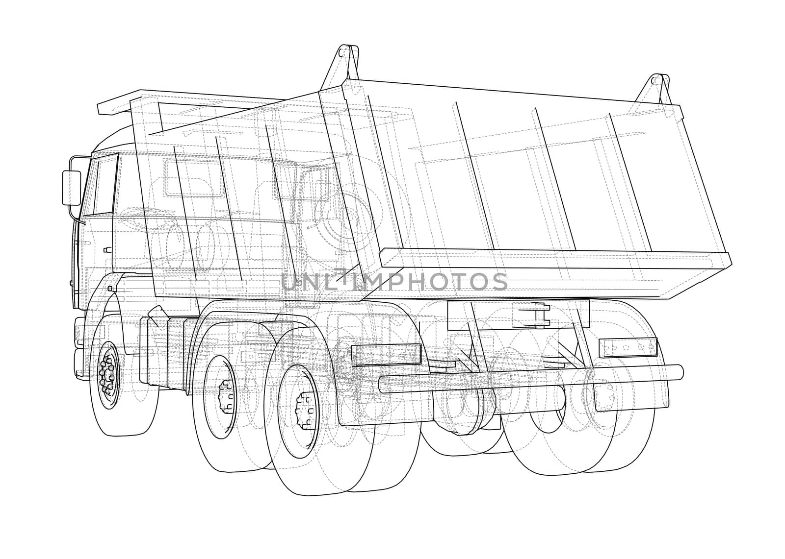 Dump truck. 3d illustration. Wire-frame style. White background
