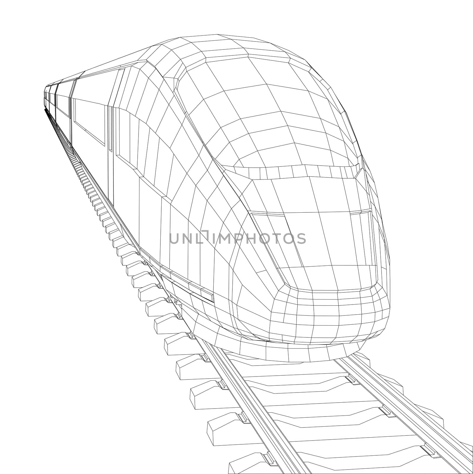 Abstract polygonal high-speed passenger train. Traveling concept. 3d illustration. Wire-frame style