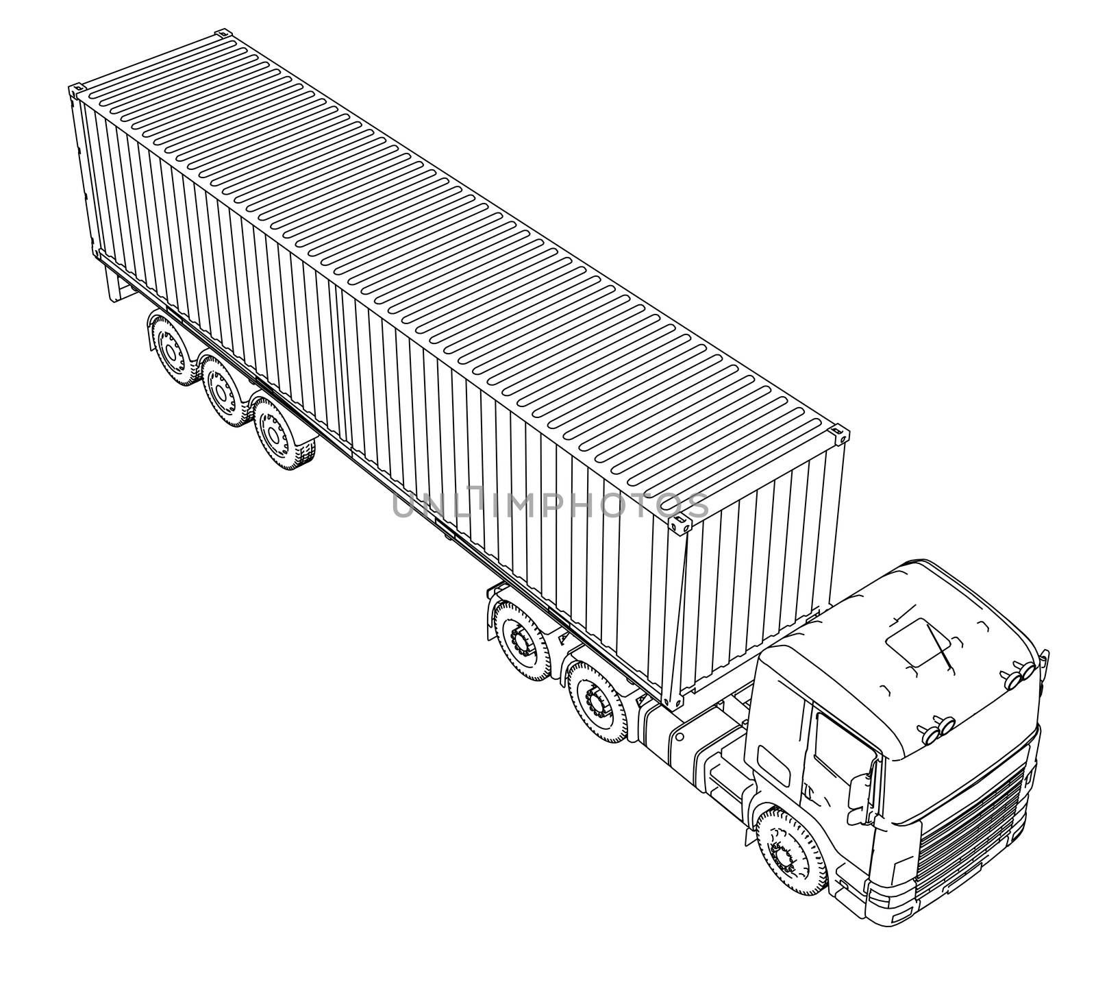 Logistic by Container truck. 3d illustration. Wire-frame style