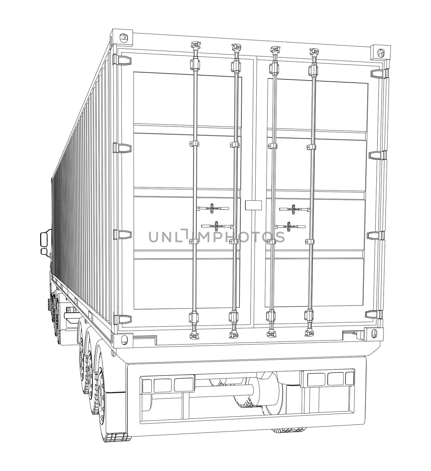 Logistic by Container truck. 3d illustration. Wire-frame style