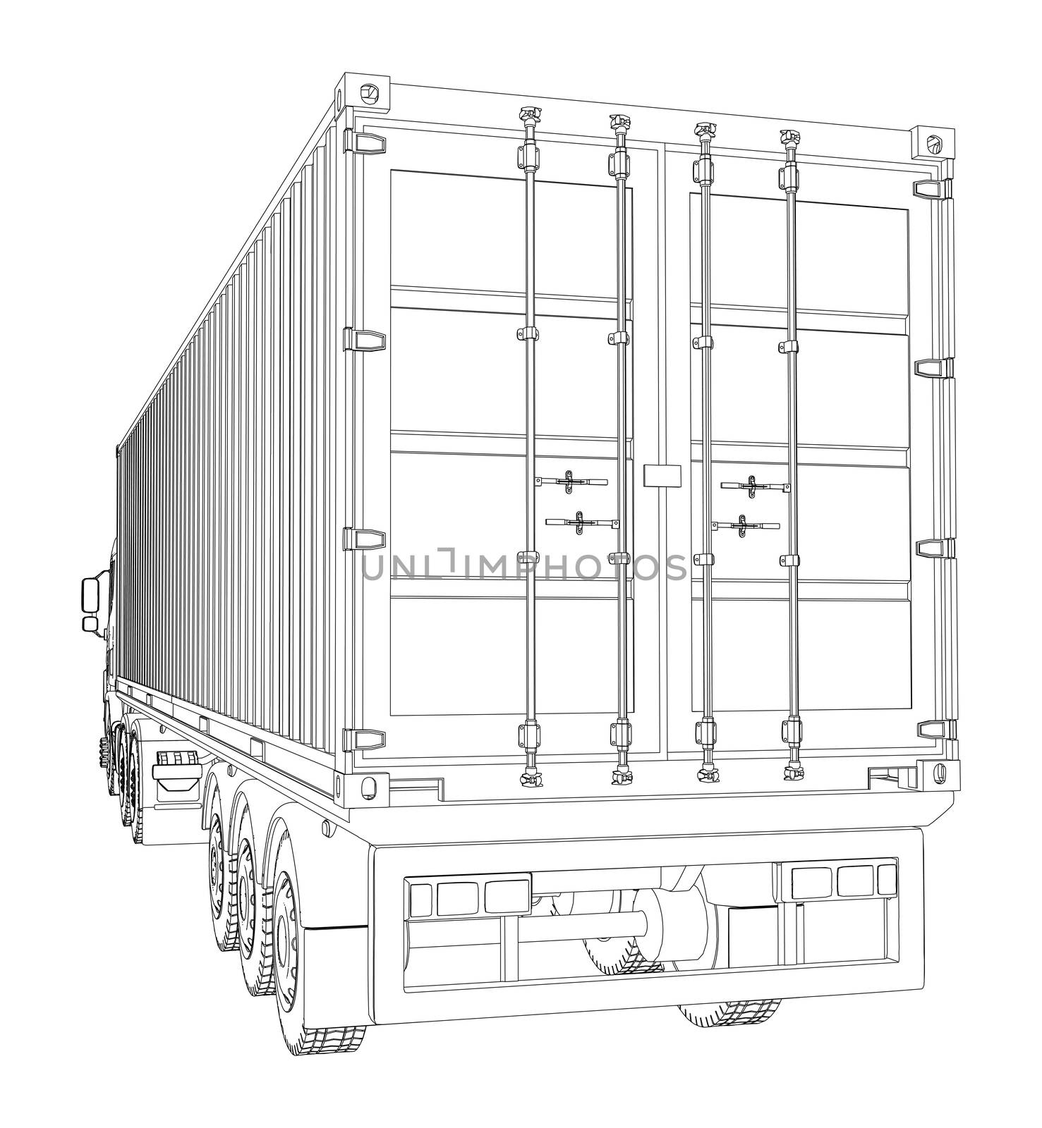 Logistic by Container truck. 3d illustration. Wire-frame style