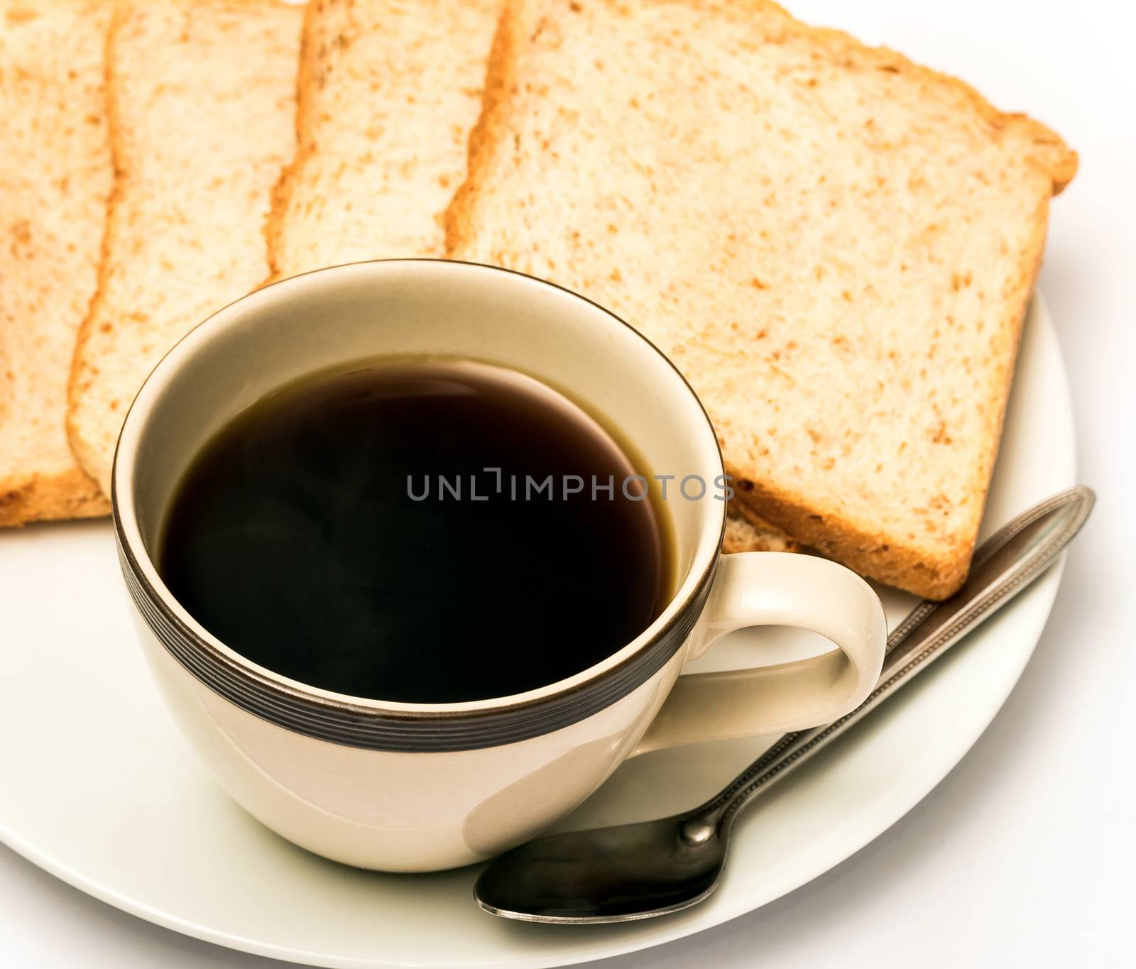 Coffee And Bread Indicates Morning Meal And Black  by stuartmiles