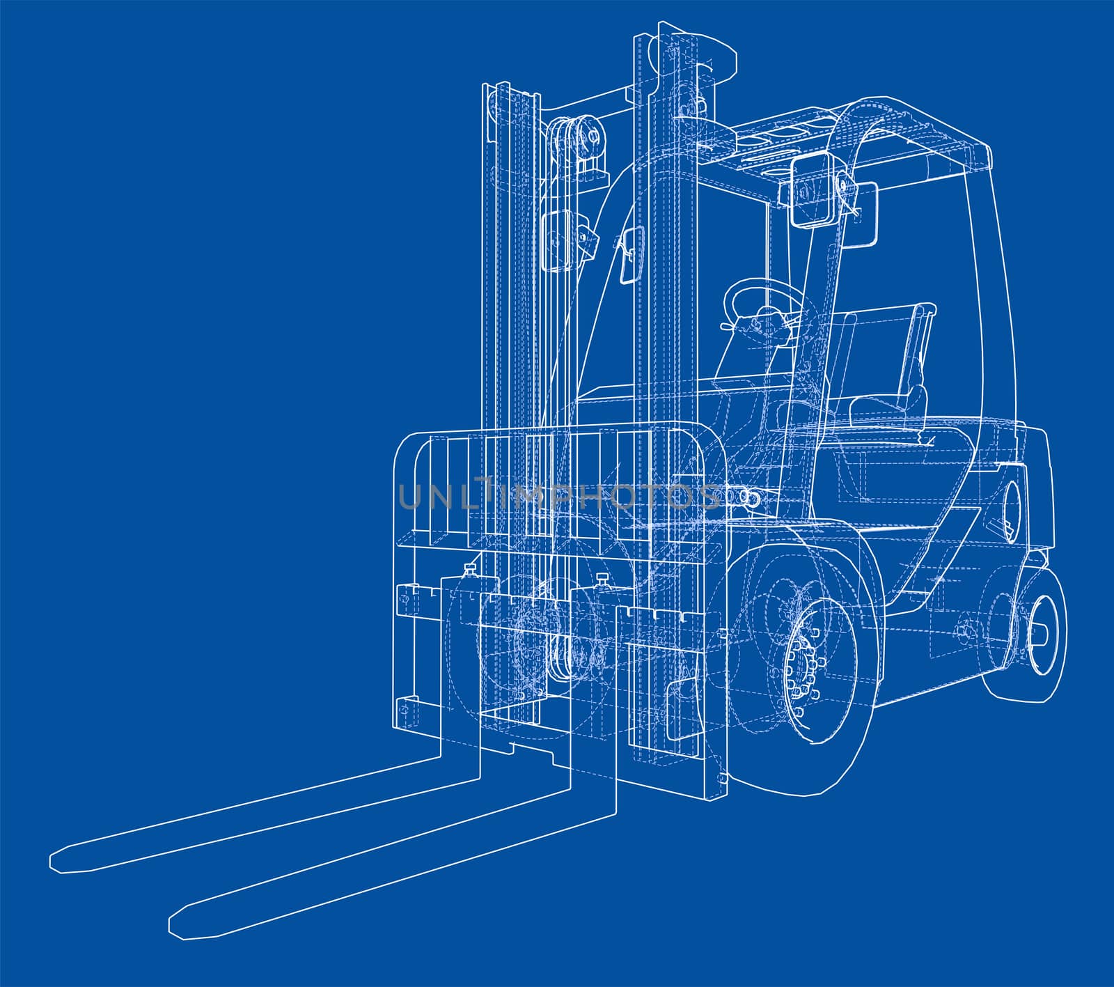 Forklift concept. 3d illustration. Wire-frame style. Blue background