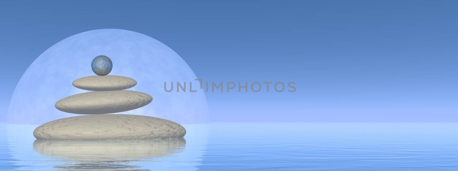 White stones upon water in front of big full moon by clear night - 3D render