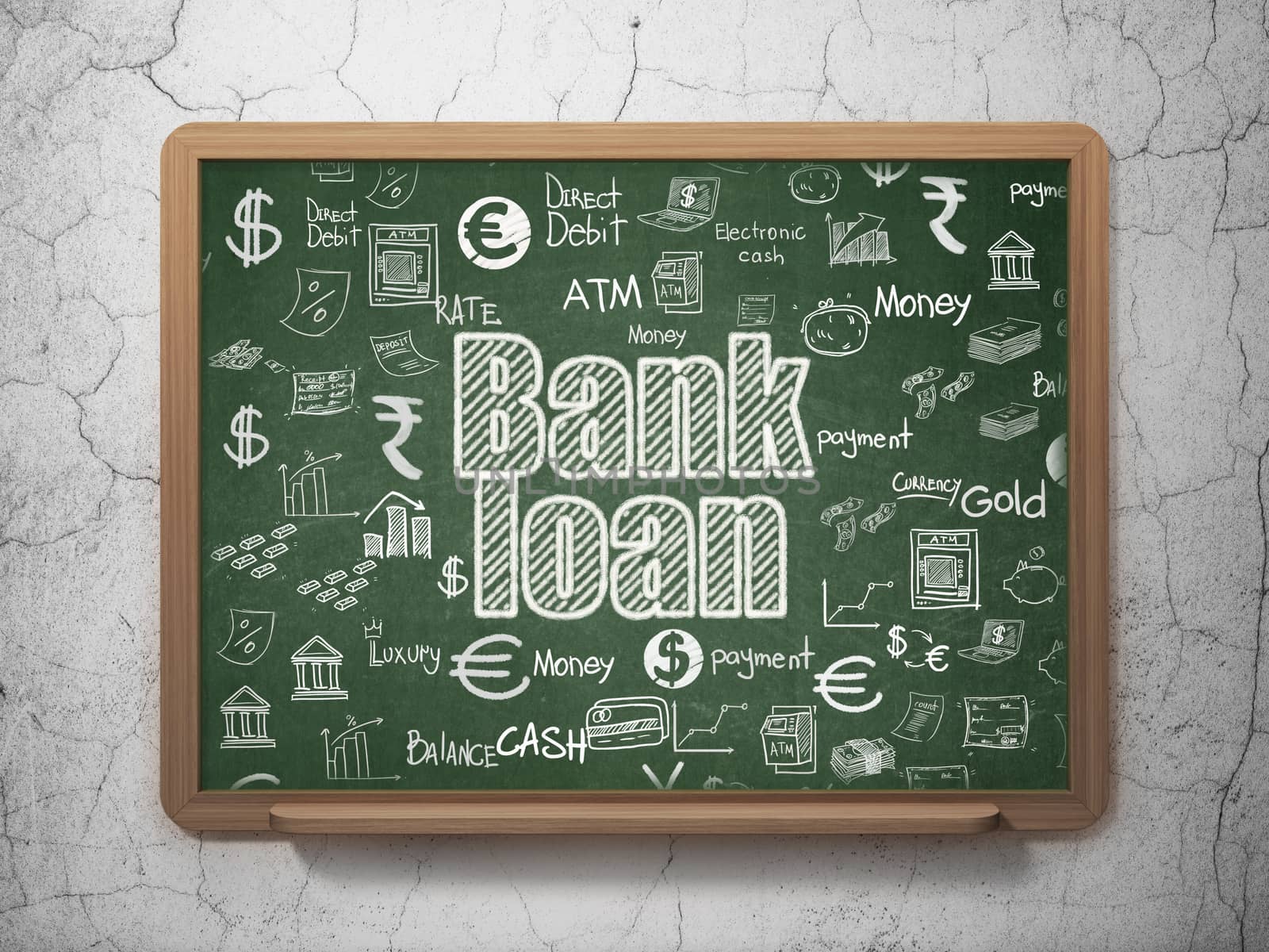 Money concept: Chalk White text Bank Loan on School board background with  Hand Drawn Finance Icons, 3D Rendering