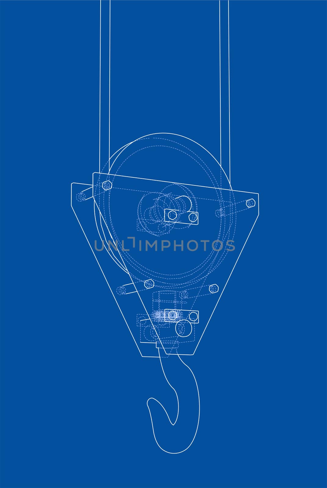 Crane hook with rope. 3d illustration. Wire-frame style