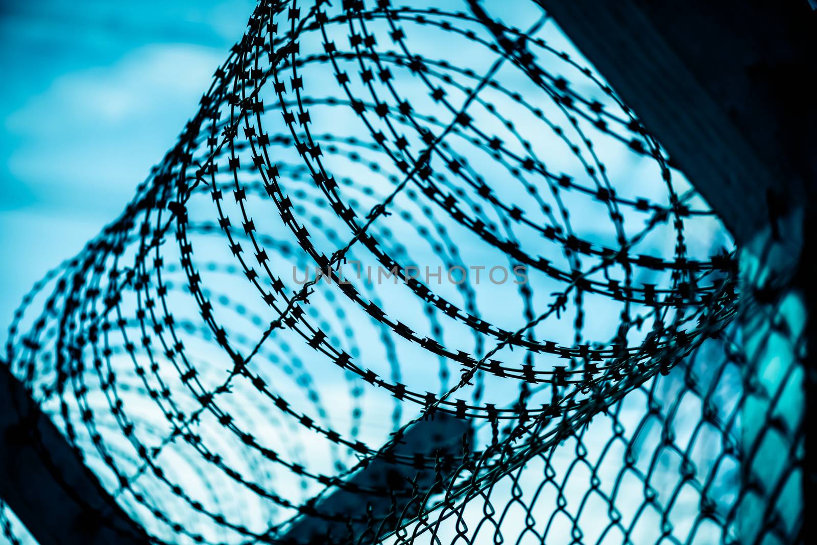 Closeup a security fence with barbed wire. Human Rights and social justice abstract concept.