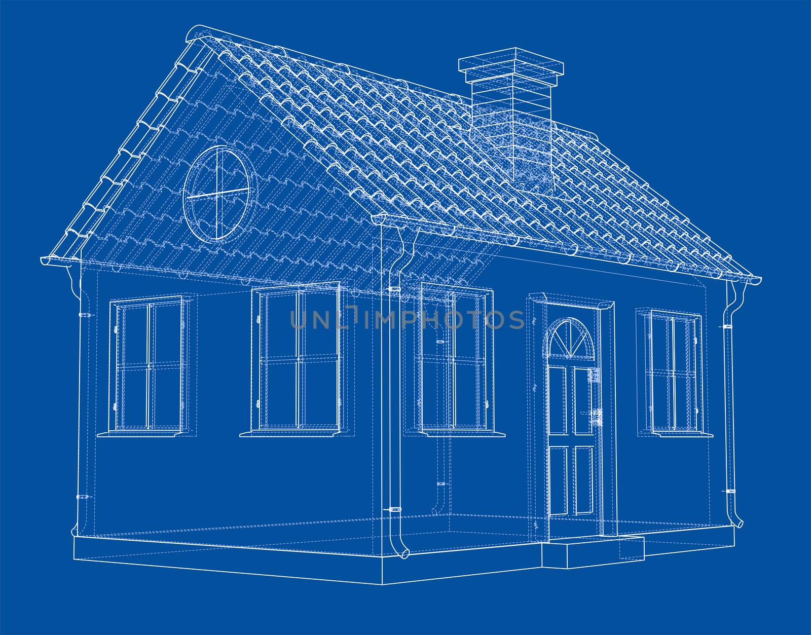 A small house with shingles roof. 3d illustration. Wire-frame style