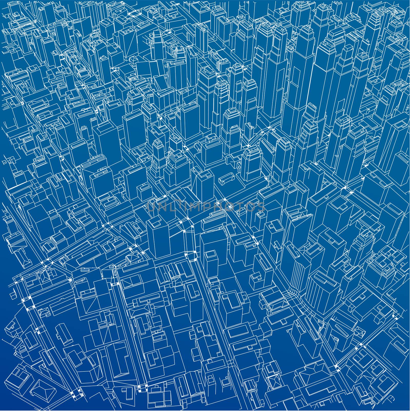 Wire-frame City, Blueprint Style. 3D Rendering. Architecture Design Background