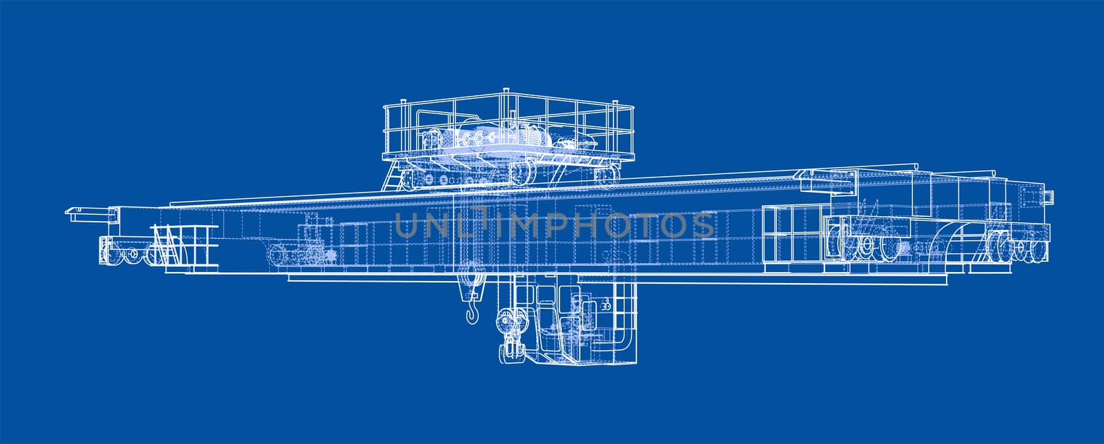 Overhead crane sketch. 3d illustration. Wire-frame style