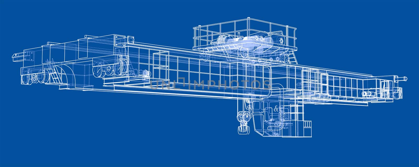 Overhead crane sketch. 3d illustration. Wire-frame style