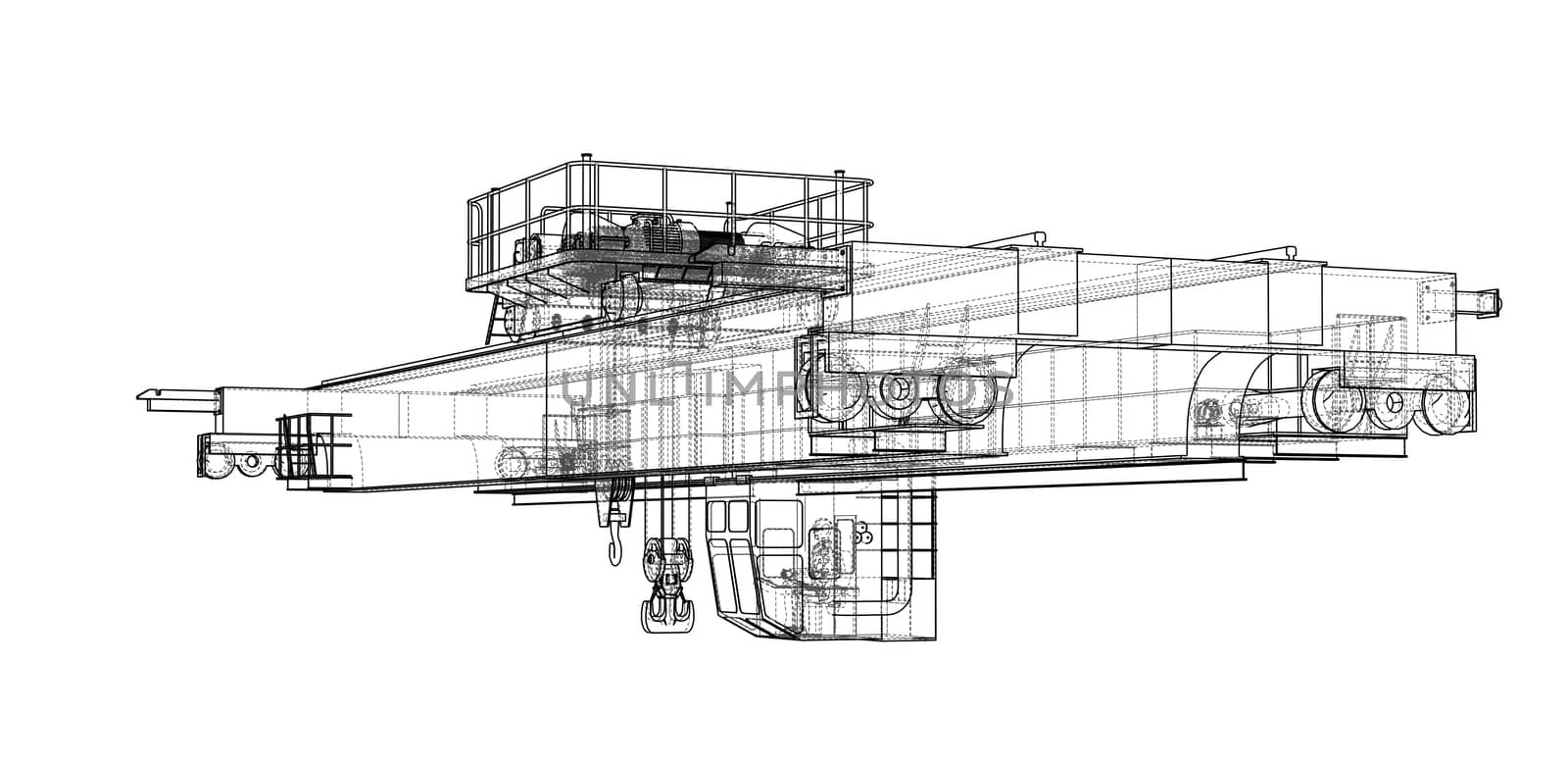 Overhead crane sketch. 3d illustration. Wire-frame style