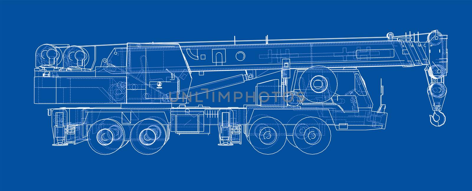 Mobile crane blueprint. 3d illustration. Wire-frame style