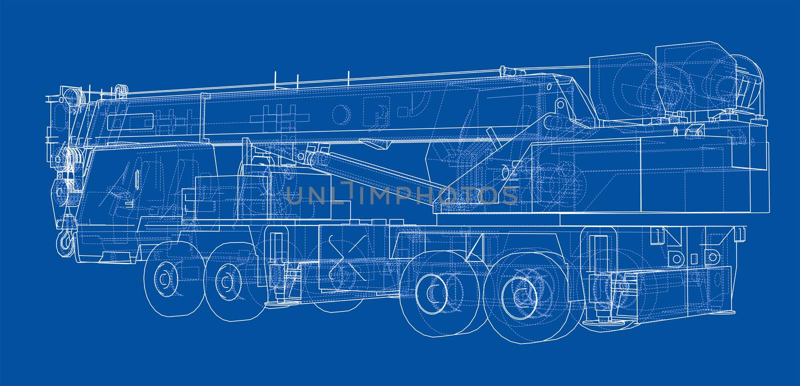 Mobile crane blueprint. 3d illustration. Wire-frame style