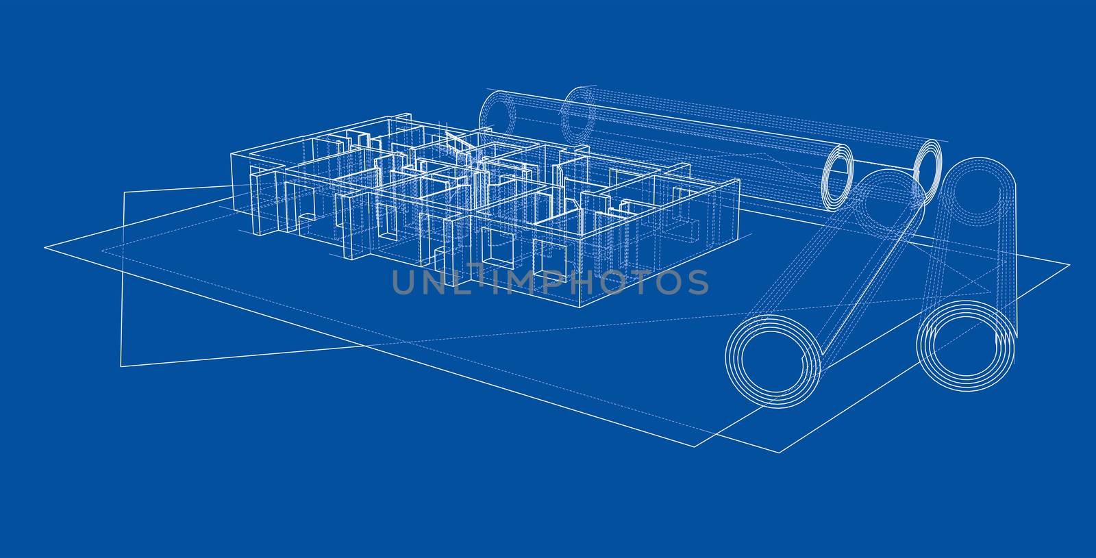 Drawings with floor model. 3d illustration. Wire-frame style. Blue background