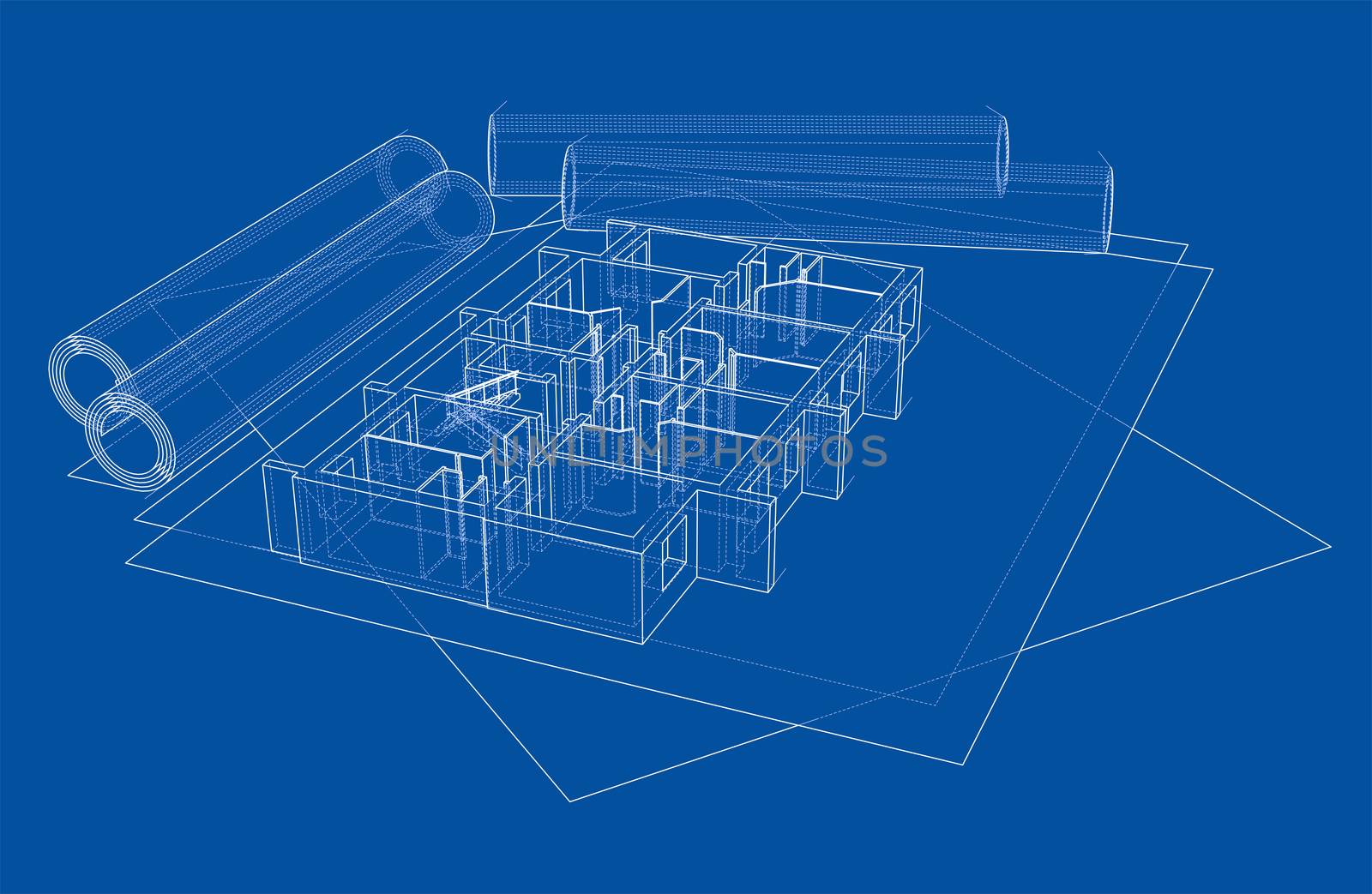 Drawings with floor model. 3d illustration. Wire-frame style. Blue background