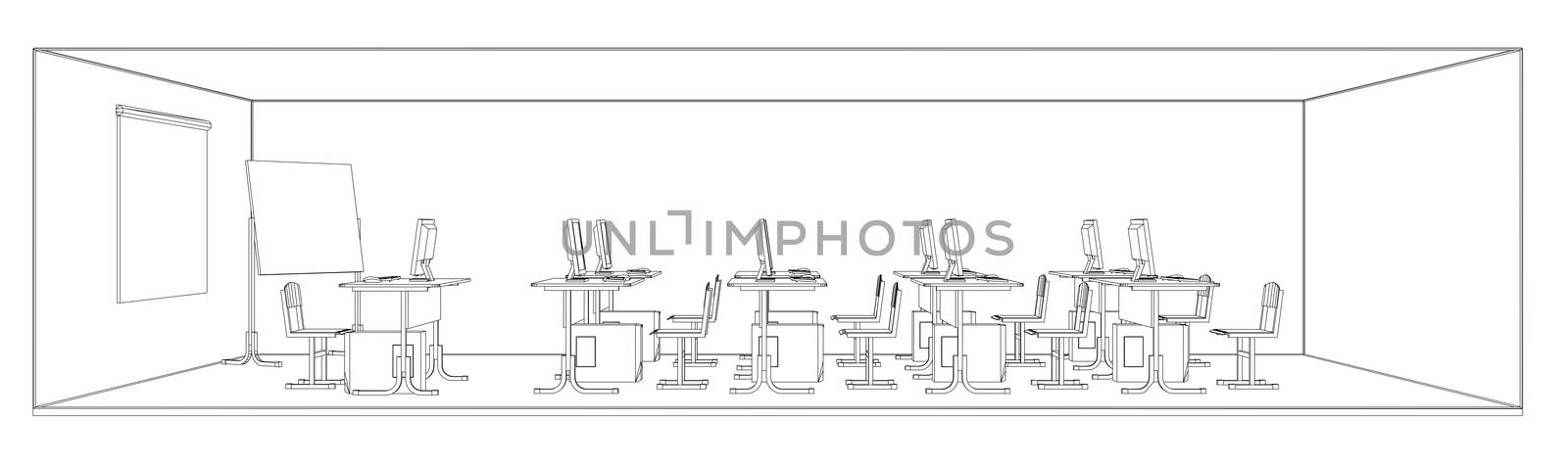 Computer class with tables and computers. 3d illustration