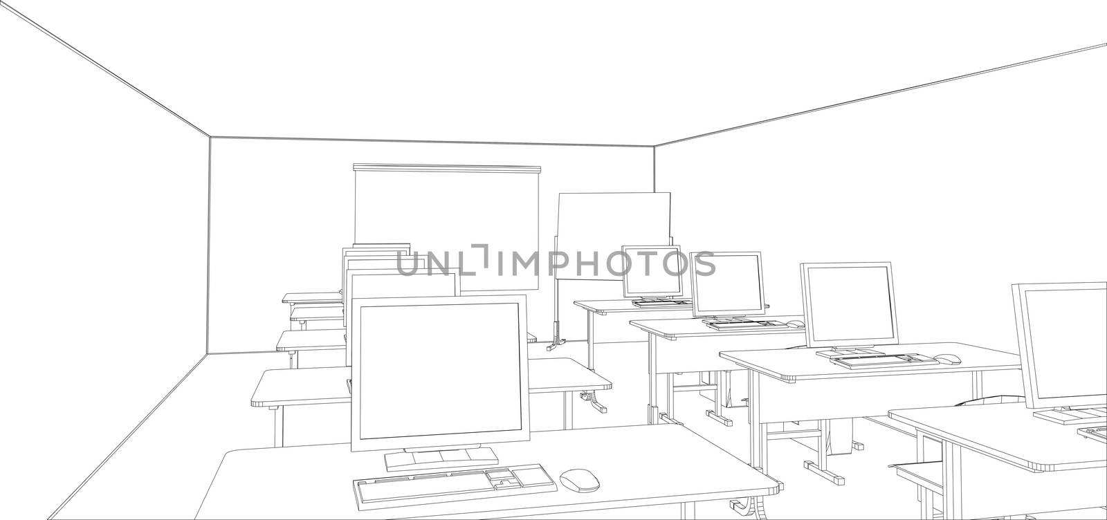 Computer class with tables and computers. 3d illustration