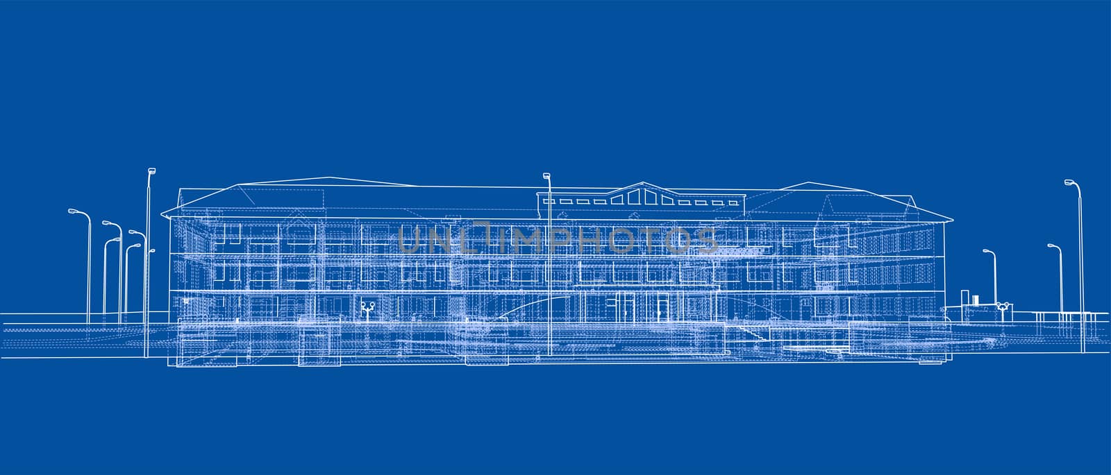 Abstract building on blue background. 3d illustration. Wire-frame style