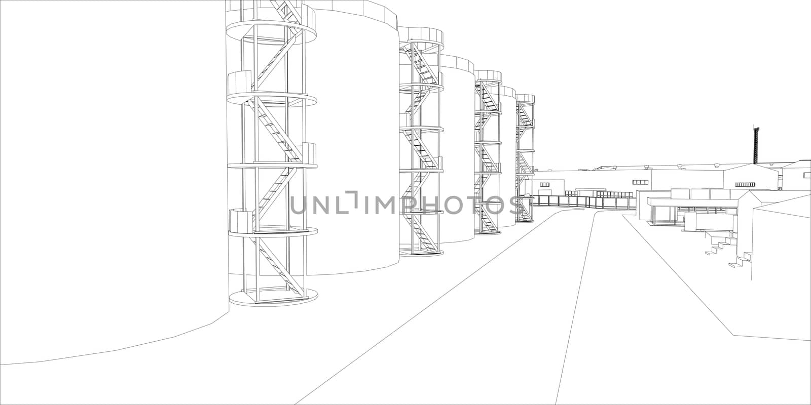 Industrial buildings on white background. 3d illustration, Wire-frame style