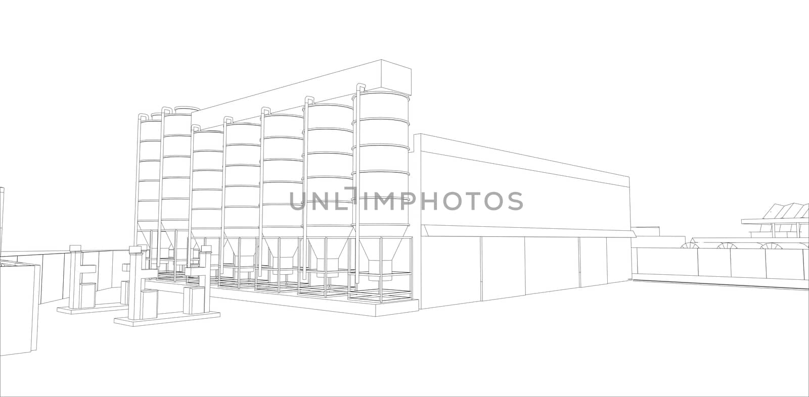Industrial buildings on white background. 3d illustration, Wire-frame style