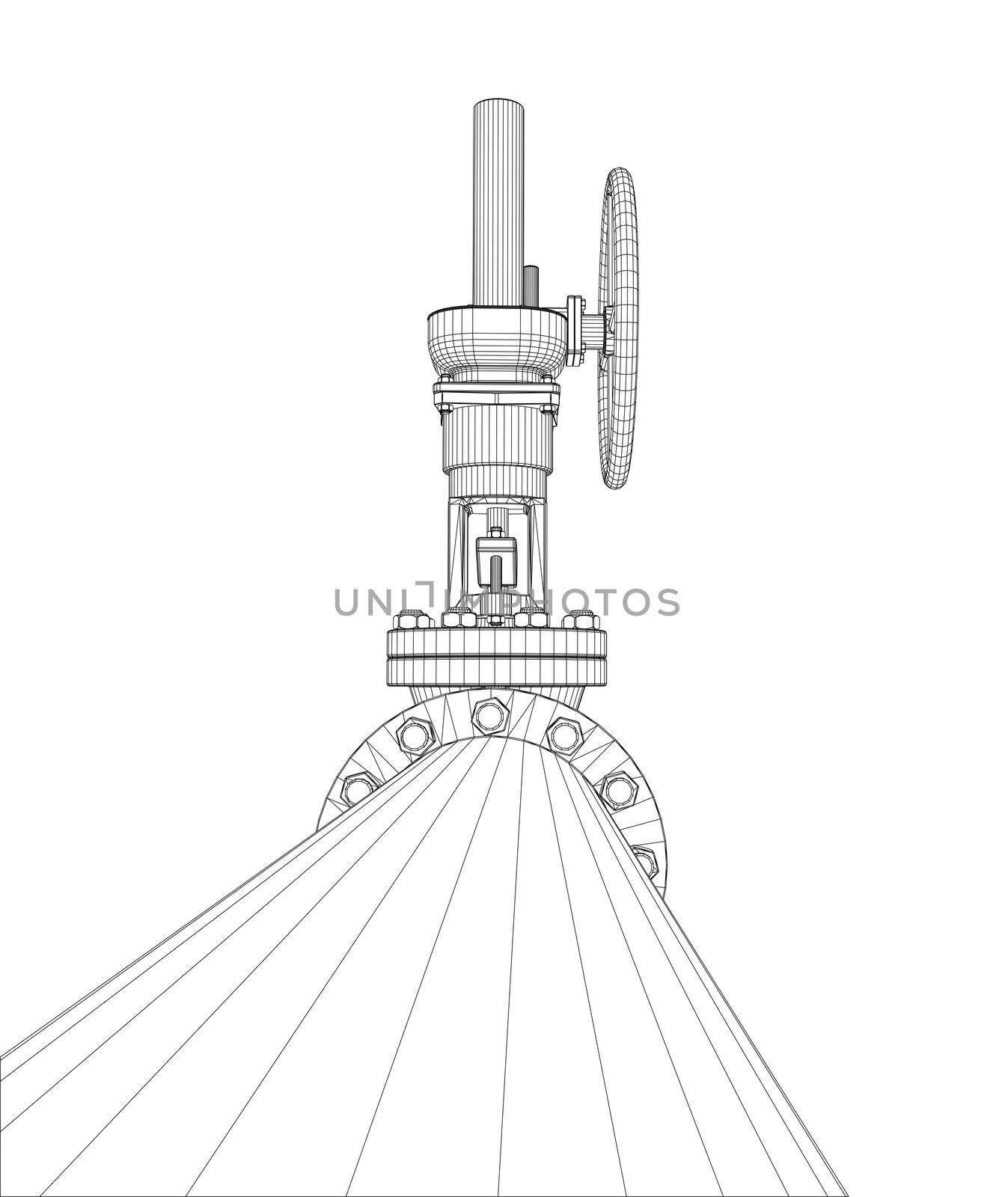 Industrial valve. Detailed 3d illustration on white background. Wire-frame style