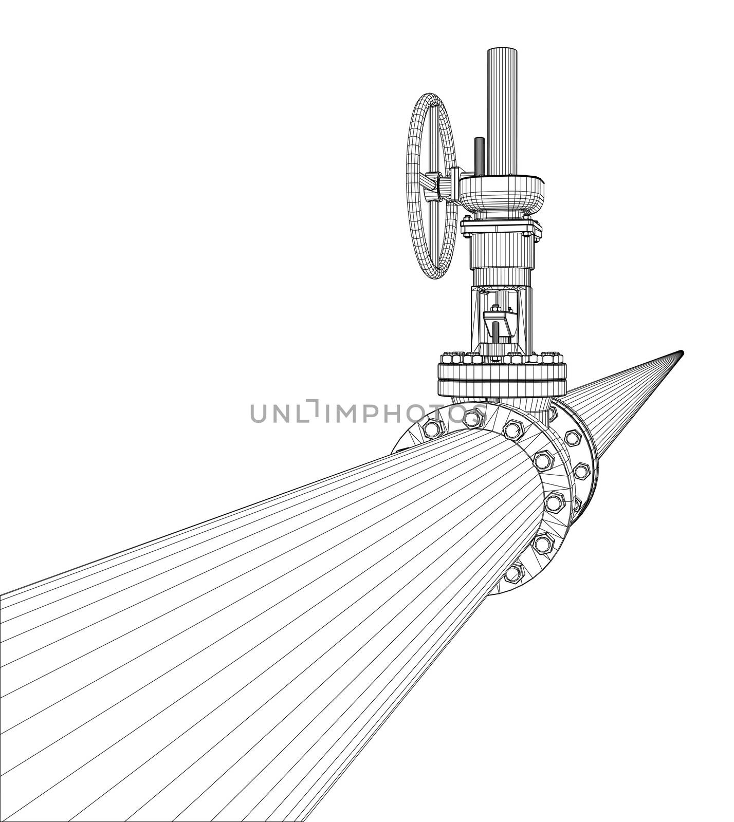 Industrial valve. Detailed 3d illustration on white background. Wire-frame style