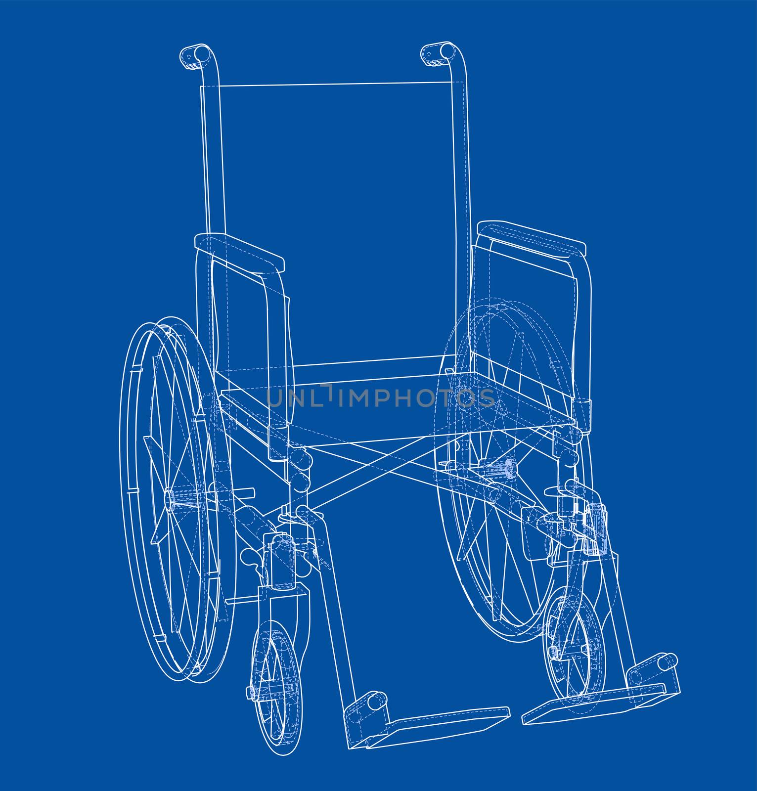 Sketch of wheelchair. 3d illustration. Wire-frame style