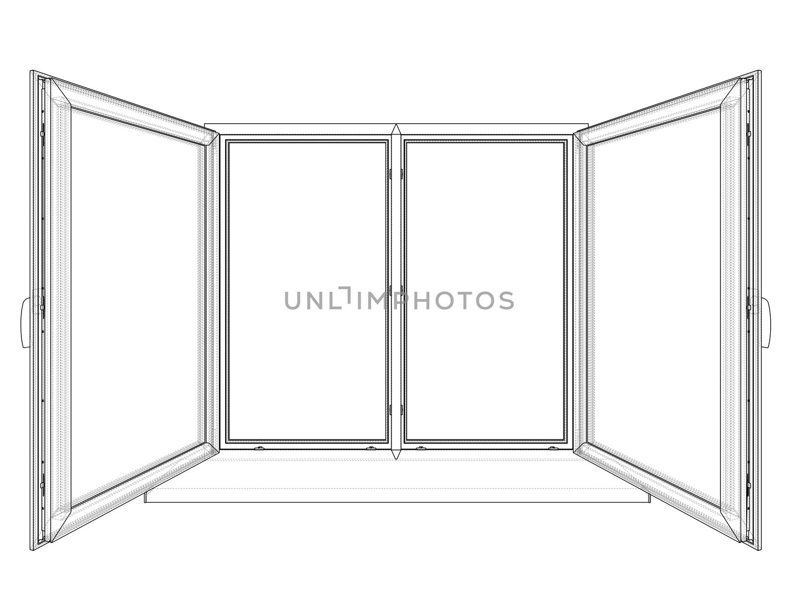 Open windows sketch. 3d illustration. Wire-frame style