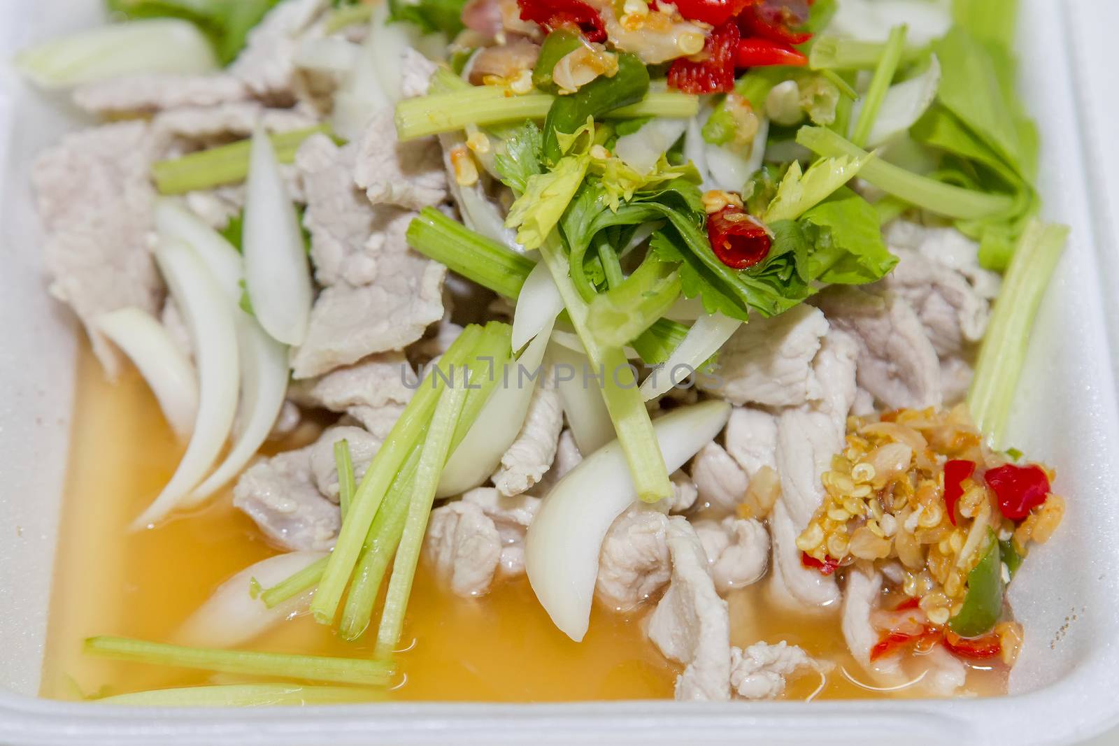 Thai food, lemon pork in white foam box by TakerWalker