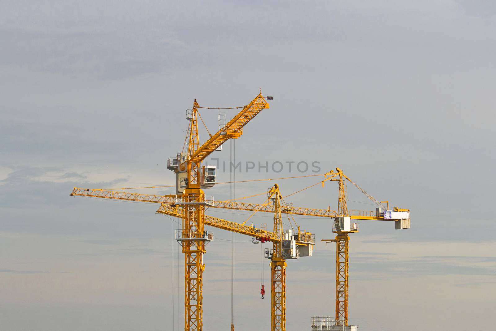 Yellow lifting cranes prepare to start In evening