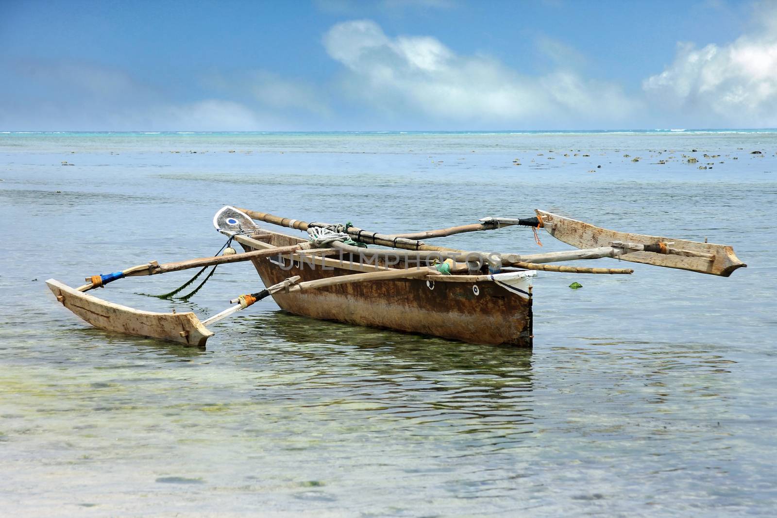 Traditional fishing boat on the ocean. Zanzibar