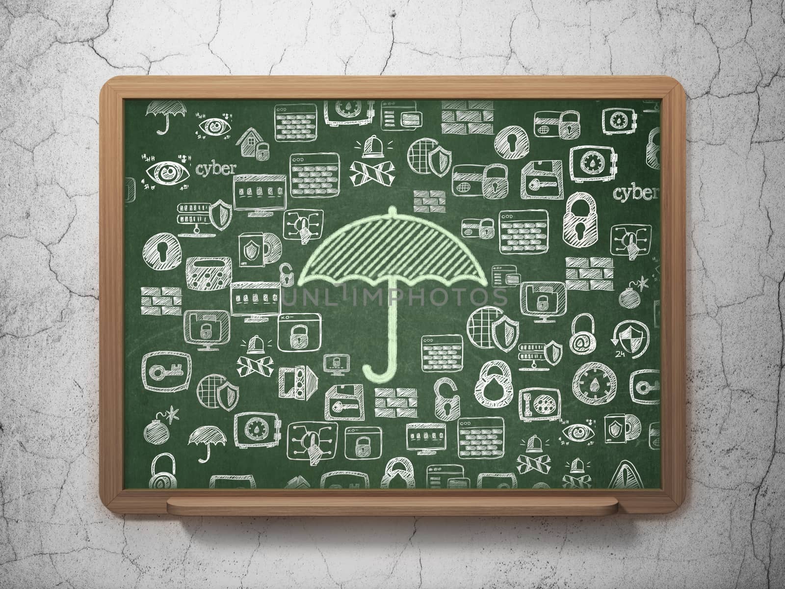 Privacy concept: Chalk Green Umbrella icon on School board background with  Hand Drawn Security Icons, 3D Rendering