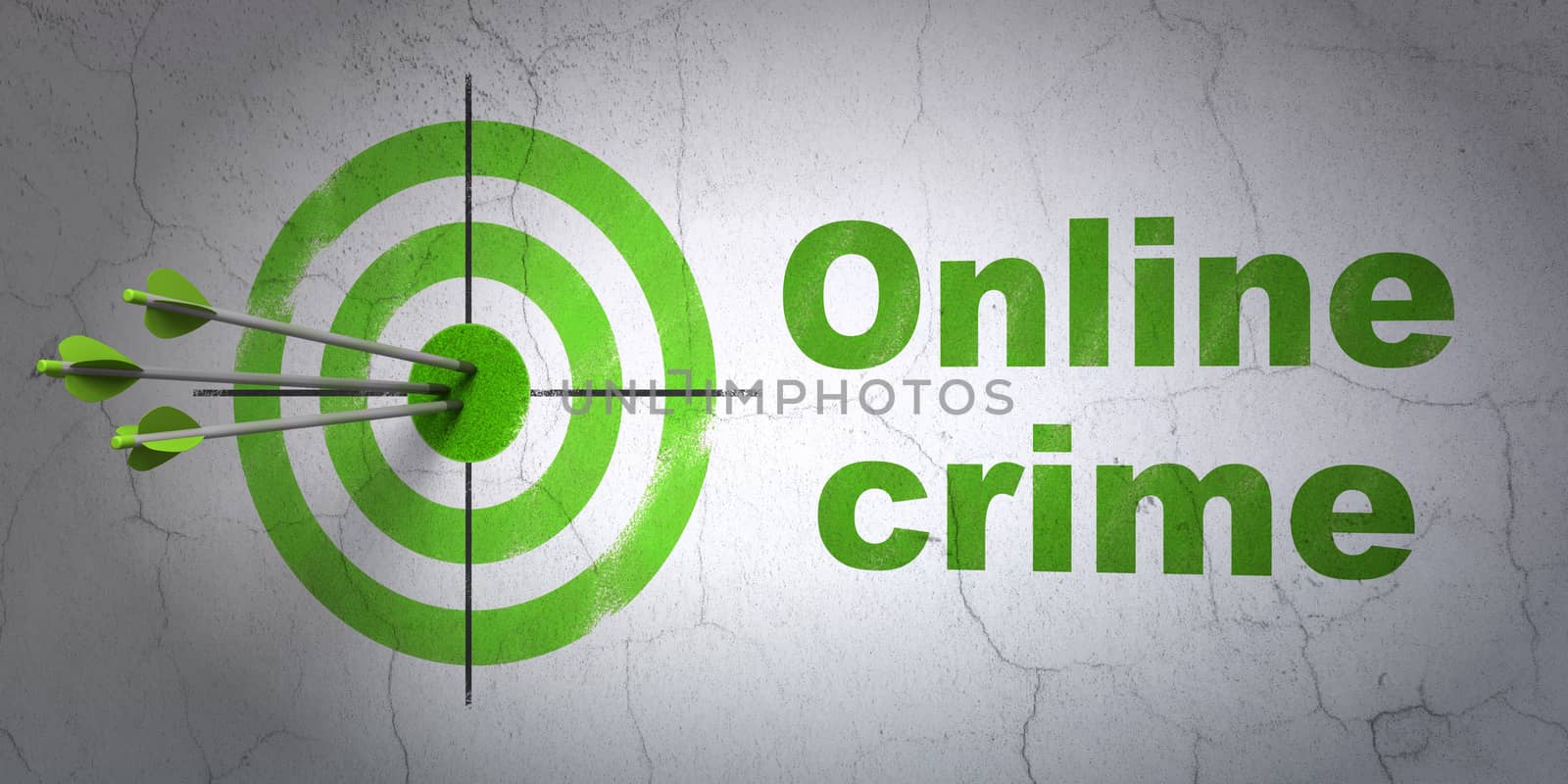 Success safety concept: arrows hitting the center of target, Green Online Crime on wall background, 3D rendering