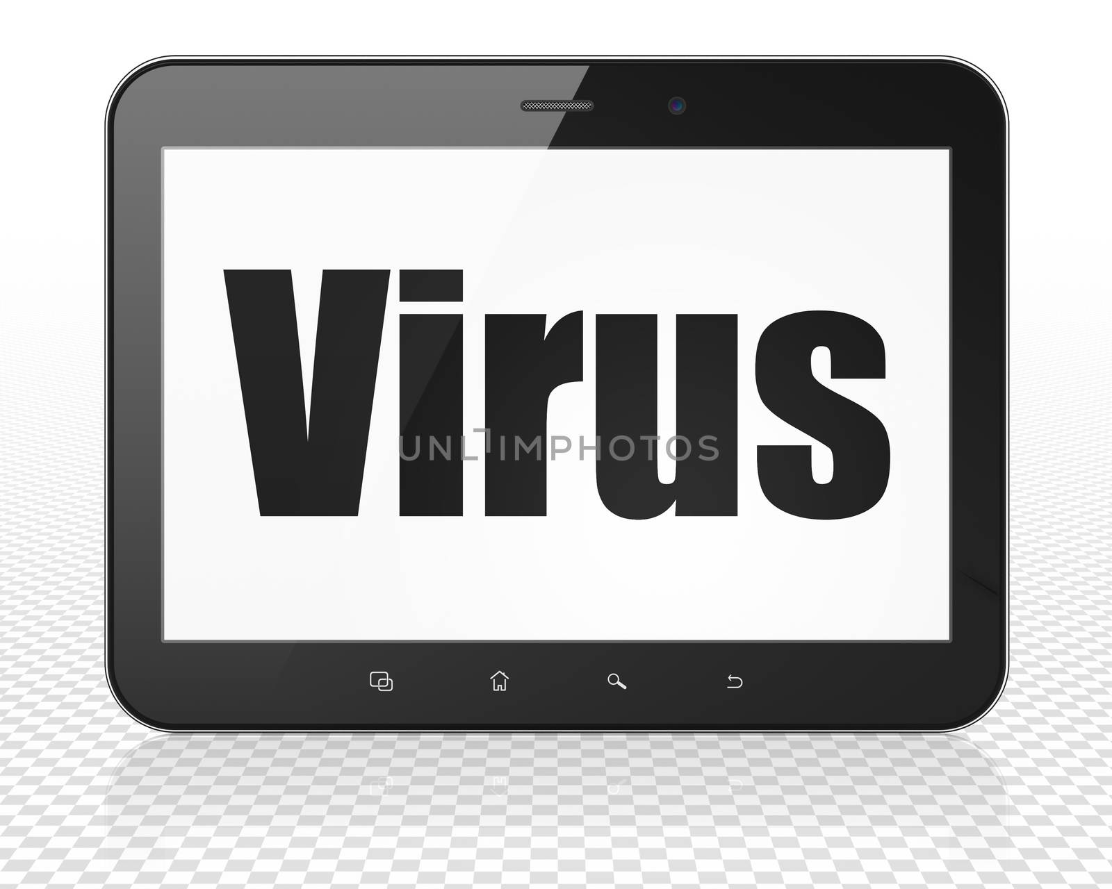 Safety concept: Tablet Pc Computer with black text Virus on display, 3D rendering