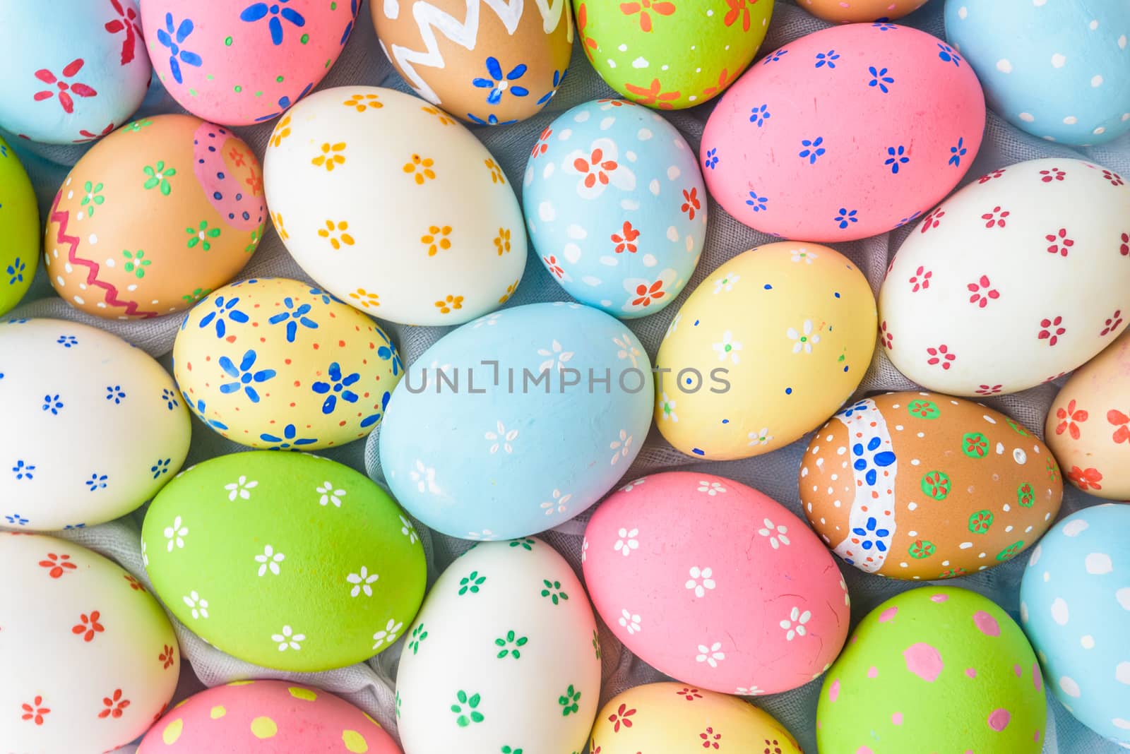 Happy easter!  Closeup Colorful Easter eggs background. Happy fa by spukkato