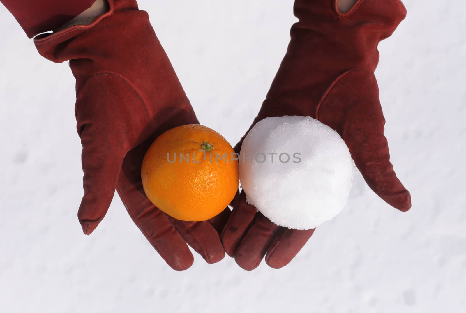 women's hands in gloves. keep snow and orange. white background, winter.