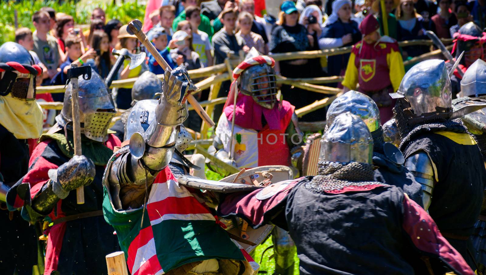 Chynadiyovo, Ukraine - May 27, 2017: medieval culture festival Silver Tatosh. Location St. Miklos Castle. Knight participants show their skills in fighting