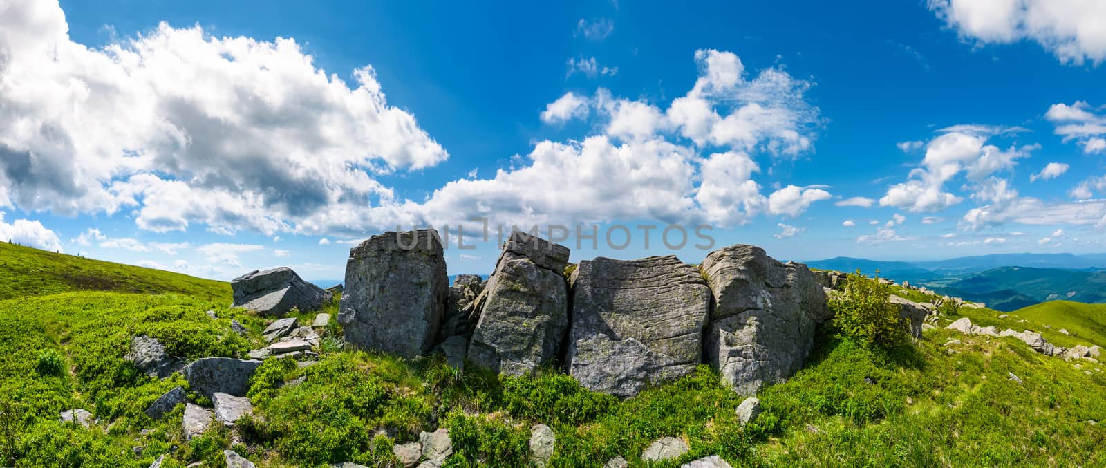 mountainous panorama with boulders on hillside by Pellinni