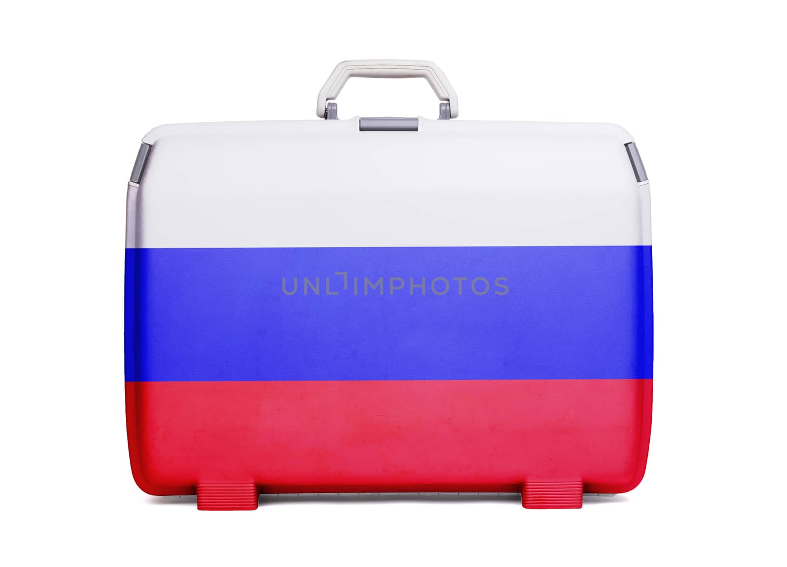 Used plastic suitcase with stains and scratches, printed with flag, Russia