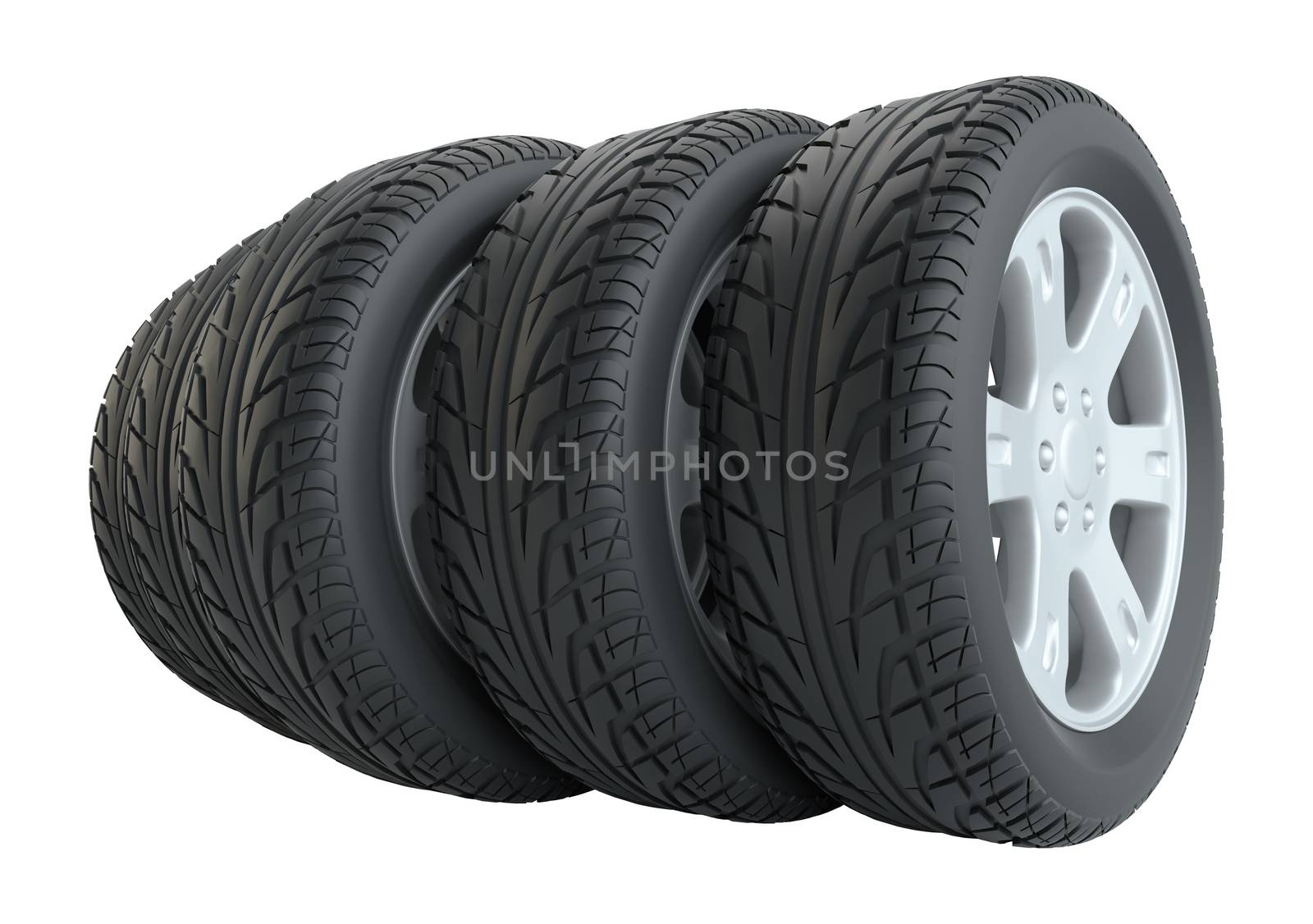 Car tires in row, isolated on white background. 3d illustration