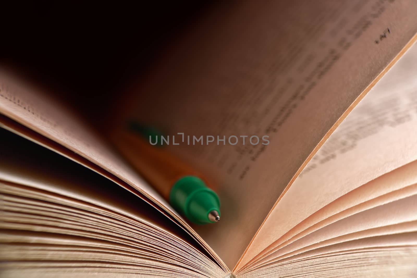close-up of an open book with a pencil inside