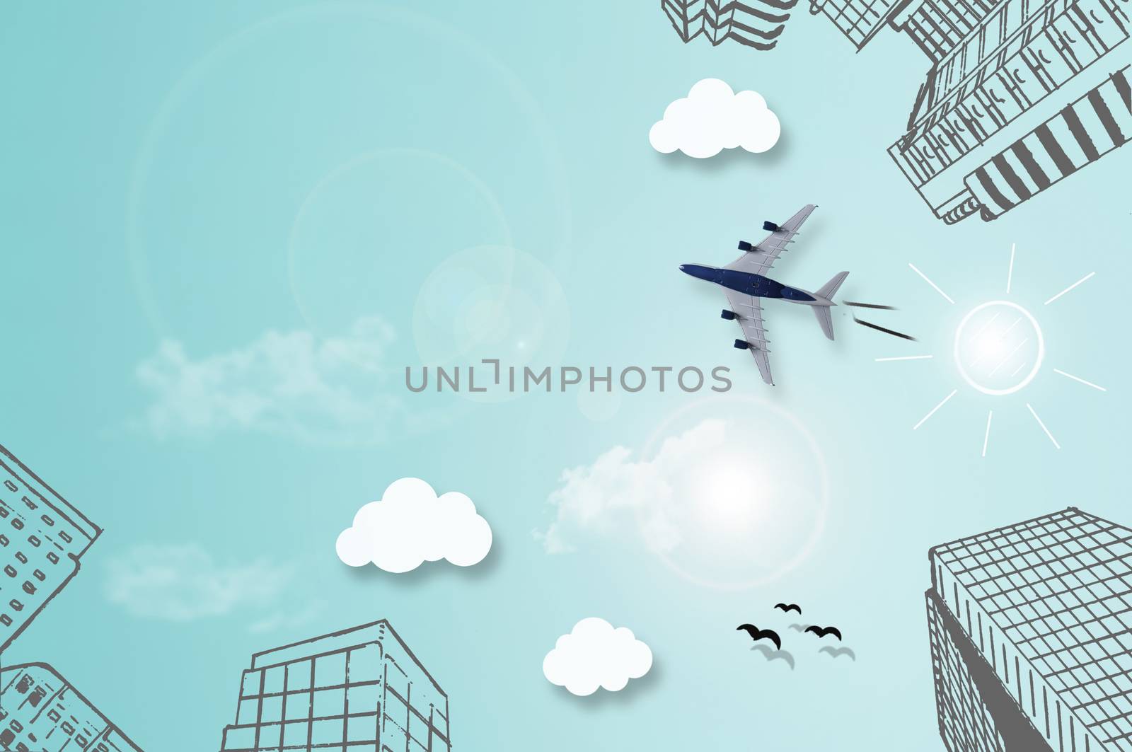 Sketch of city high rise buildings, with cloud icons and plane flying through the sky