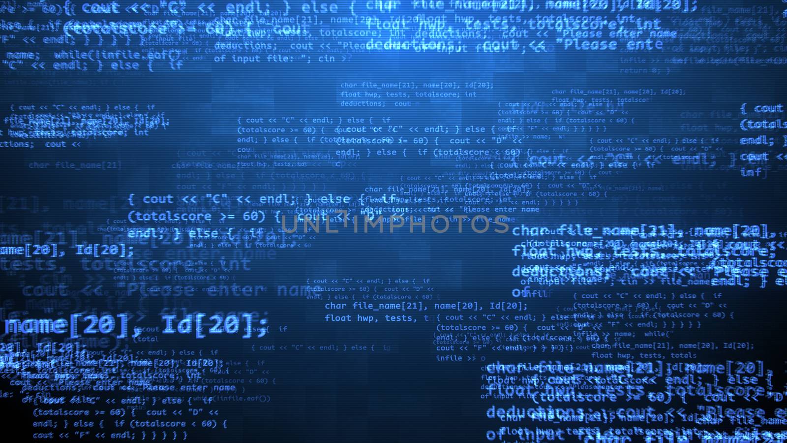 A holographic 3d illustration of a coding program with flittering and shining blue texts, formulas, numbers, curly and round brackets, colons in the black backdrop