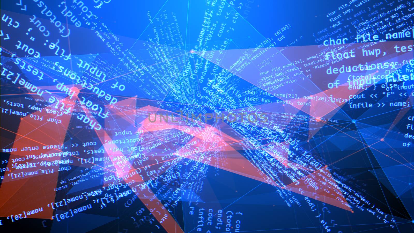 A funnel looking 3d illustration of a circular coding program with mysterious blue texts, formulas, digits, tildes, and red triangular imposed on the black backdrop. 