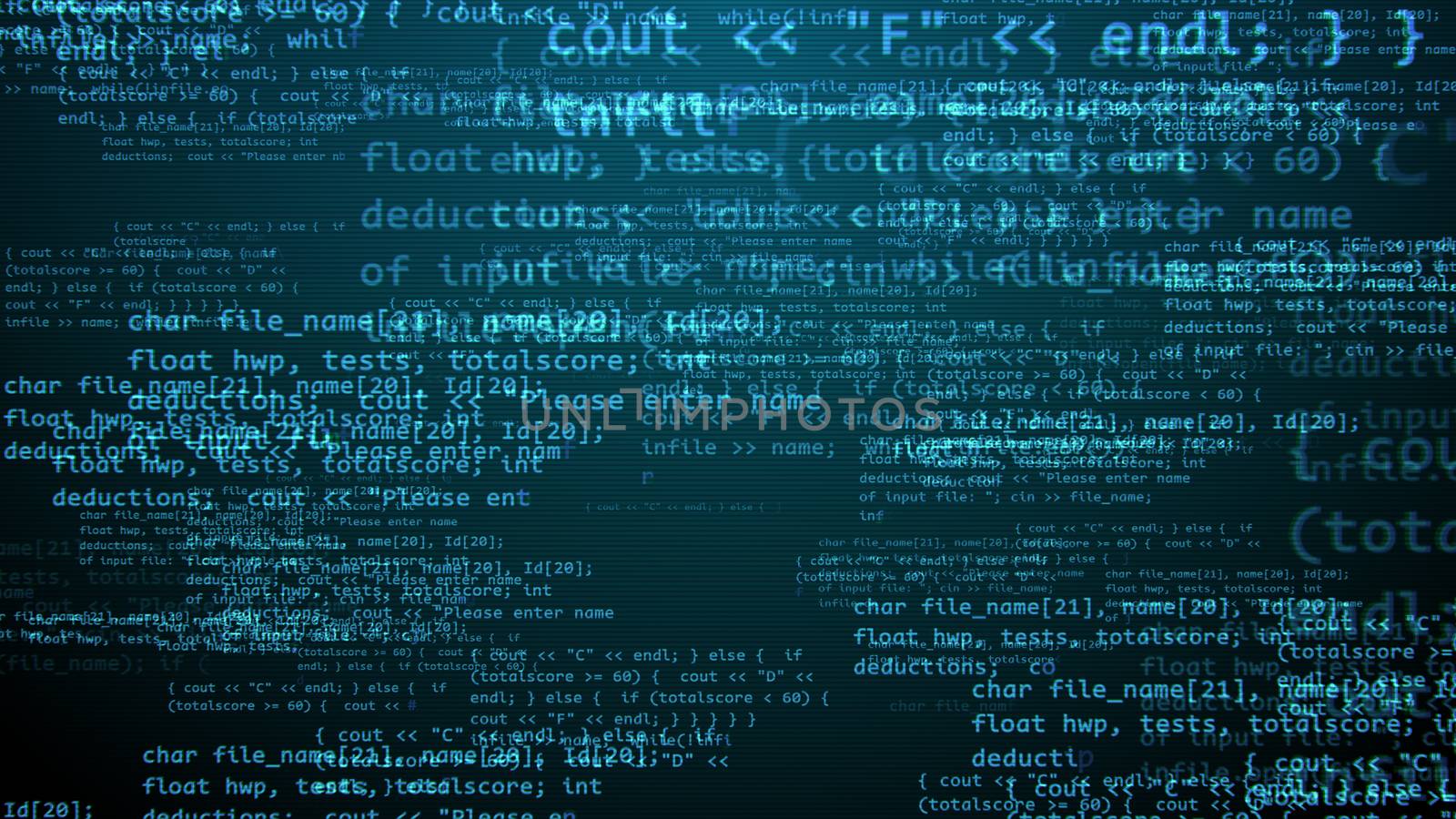 A matrix style 3d illustration of a cutting edge crypto coding program with puzzling blue texts, formulas, digits, tildes, asterisks, and other symbols in the black background. 