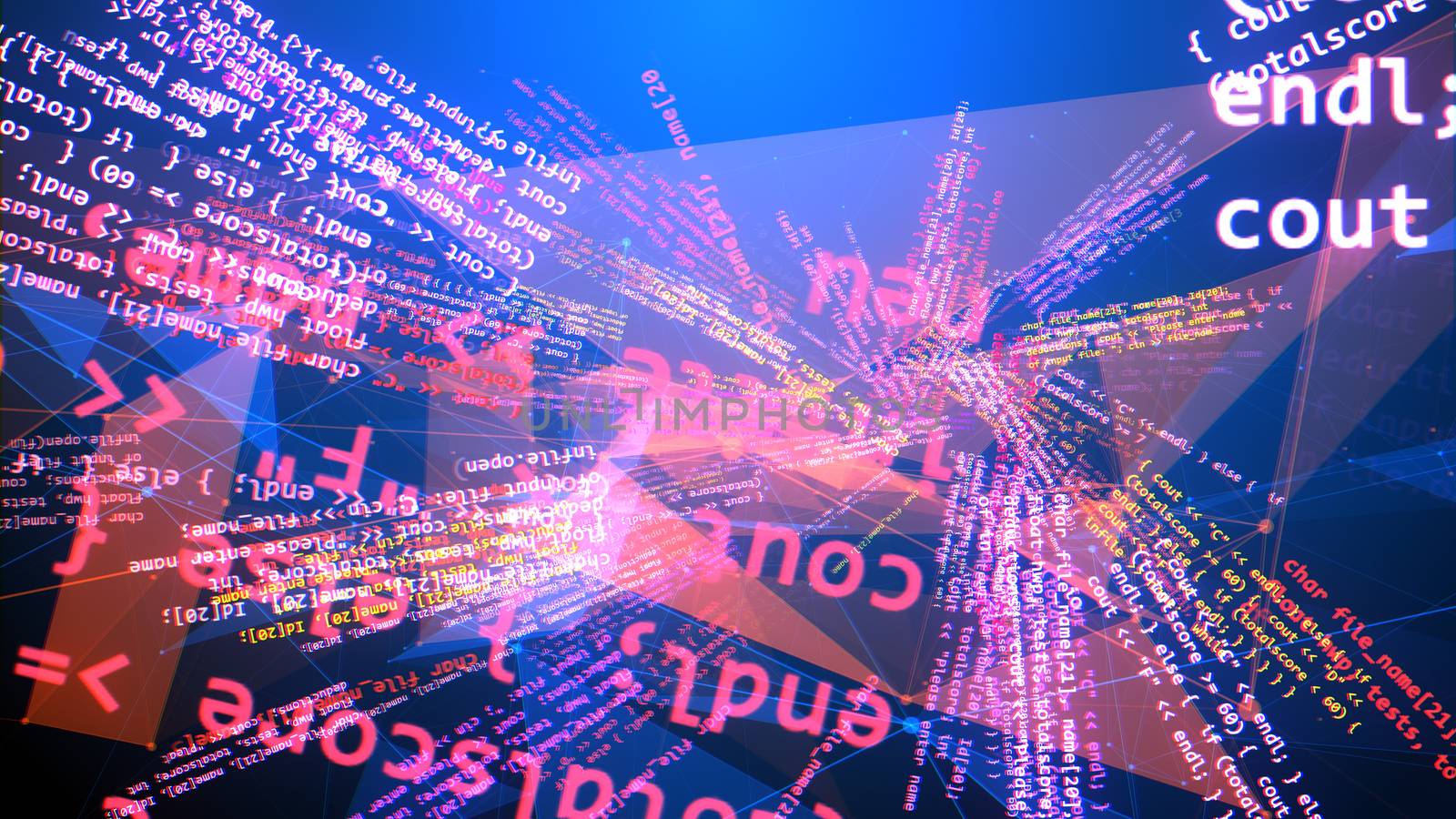 A twisted 3d illustration of a spiral coding program spinning like a distorted number of triangular red surfaces with rosy and white texts imposed on each other in the blue backdrop. 